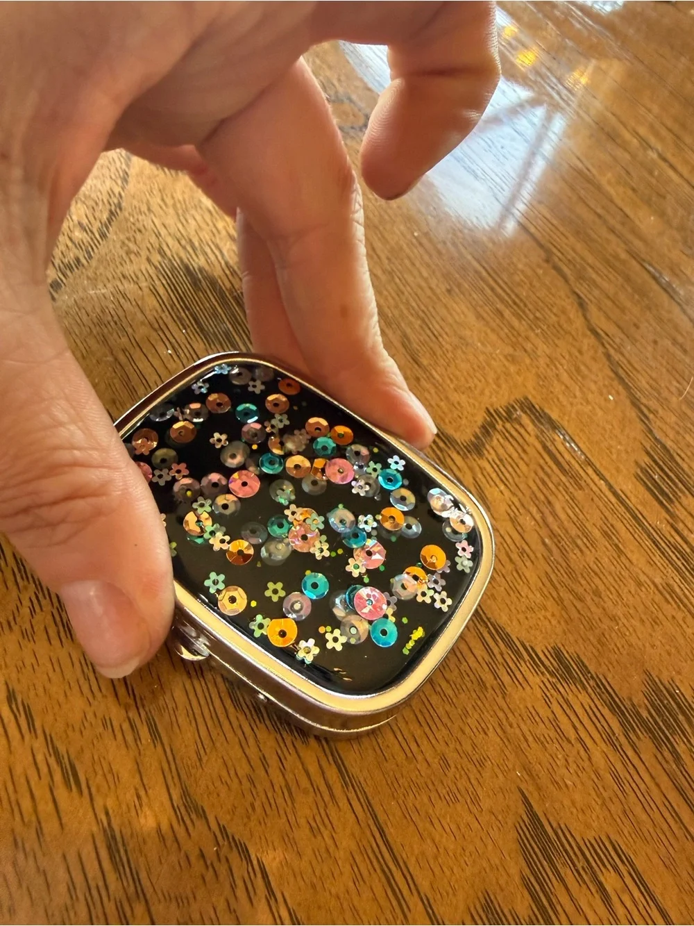 Sparkly Black Resin Travel Pill Case with Mirror & 3 Compartments